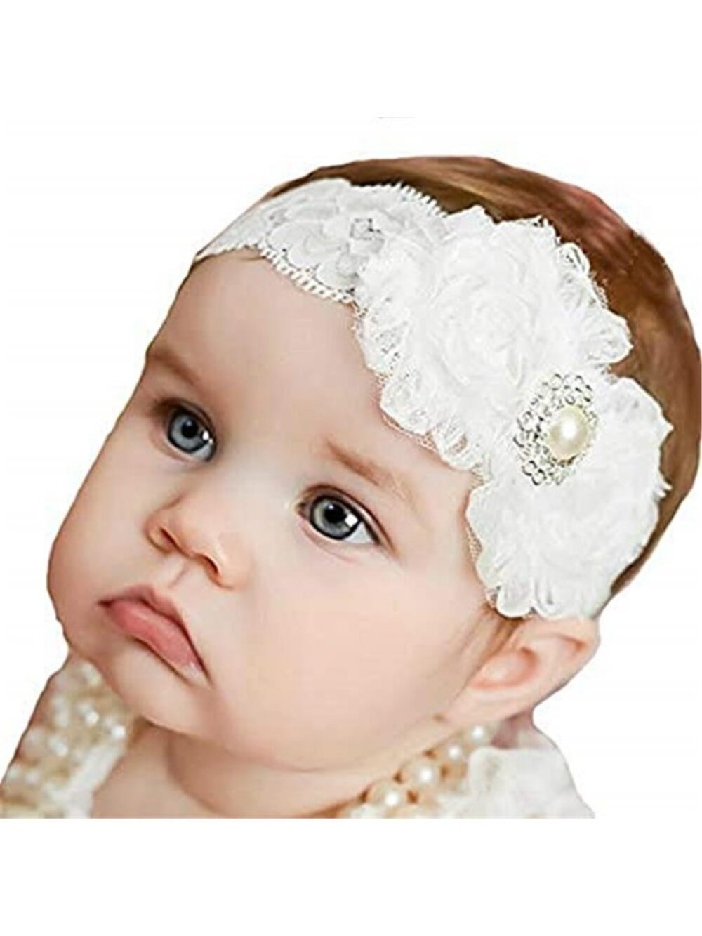 Baby Girl Lace Headband Pearl Rhinestone Bow Newborn Toddler Hair Band